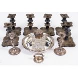 A SELECTION OF SILVER and silver plate consisting of a silver topped desk inkwell with repousse