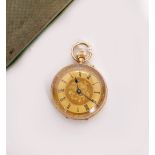 A 14 CARAT YELLOW GOLD CASED POCKET WATCH with chased and engraved outer case, with black roman