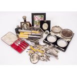 A SMALL QUANTITY OF SILVER PLATED CUTLERY, a portrait miniature of a young woman, a silver plated