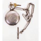 A 20TH CENTURY SILVER CASED POCKET WATCH on elongated fancy link chain (2)