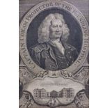 JOHN SANDENS three woodblock prints, an 18th century copper plate engraving of Captain Coram,