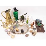 A MIXED LOT to include hardstone eggs, a silver plated tray, a brass jug etc