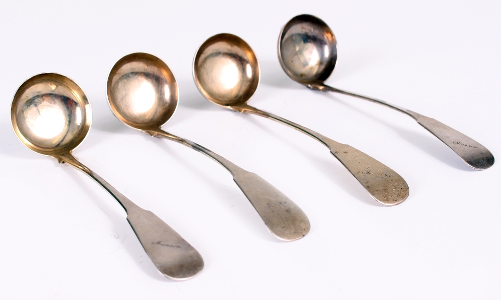 FOUR SCOTTISH SILVER TODDY LADLES finals engraved 'Manson', part numbered set '3', '4', '5', '6',