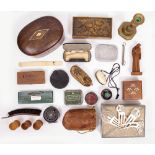 A MIXED LOT to include a Victorian, burr walnut and mother of pearl inlaid oval box, a 19th