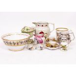 A SMALL COLLECTION OF PORCELAIN to include a 19th Century commemorative mug 'Louisa Moore' born