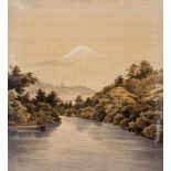 A CHINESE PAINTING on silk, signed 59cm x 21cm, an Oriental picture on fabric, possibly Mount Fugi