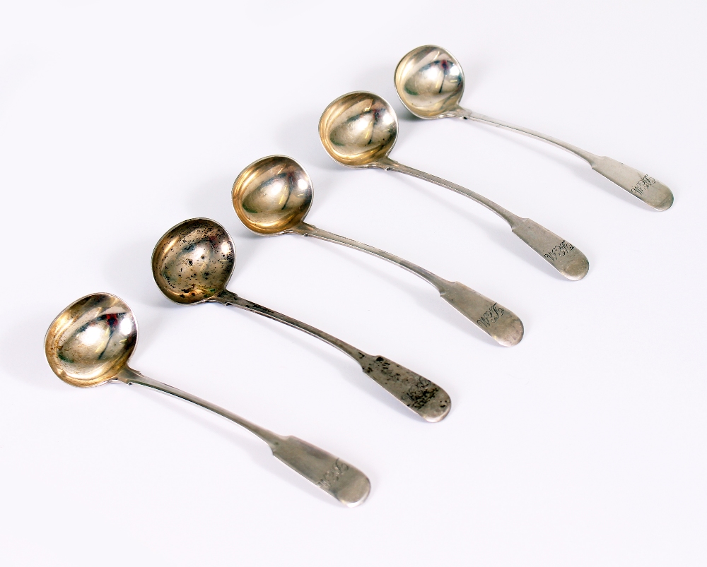 FIVE SCOTTISH (PROVINCIAL) SILVER TODDY LADLES finals monogrammed 'DEM' bearing marks for