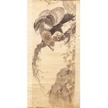 A 19TH CENTURY CHINESE SCROLL PICTURE ON SILK of a eagle looking at two monkeys hiding within a