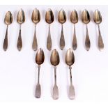 A MATCHED SET OF EIGHT WHITE METAL TABLE SPOONS with engraved finials 'MANSON', seven with