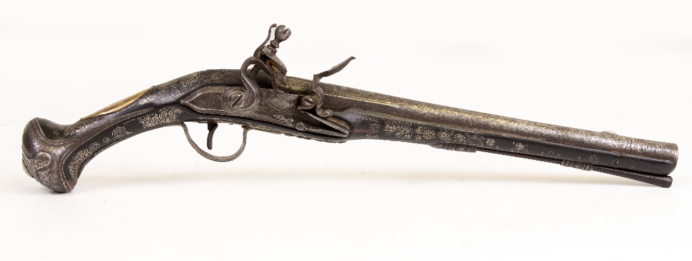 AN ANTIQUE FLINTLOCK PISTOL possibly either Turkish or Southern European with silver wire inlay 48cm