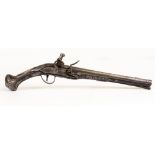 AN ANTIQUE FLINTLOCK PISTOL possibly either Turkish or Southern European with silver wire inlay 48cm