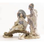 A LLADRO PORCELAIN SCULPTURE Chinese figures on a bench, signed and dated '92 to the base, 34cm wide