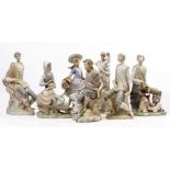 A GROUP OF SEVEN LLADRO PORCELAIN FIGURINES to include two shepherds with their sheep, the largest