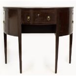 A MAHOGANY 'D' SHAPED SIDE TABLE with three drawers and standing on square tapering legs 88cm wide x