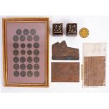 A FRAMED GROUP OF VICTORIAN PENNIES and half pennies, two small Japanese lacquered boxes 5.5cm