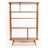 A 1960'S ERCOL LIGHT ELM ROOM DIVIDER FIVE TIER BOOKSHELF with spindle supports, 90cm wide x 32cm