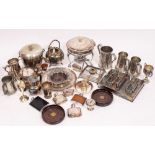 A QUANTITY OF VICTORIAN AND LATER SILVER PLATE to include a tea kettle and stand, moulded as tree