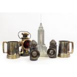 A LUCAS NUMBER 432 KING OF THE ROAD LAMP 28cm high; two Victorian Hiatt & Co toleware lanterns, each