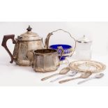 A SILVER OCTAGONAL TEAPOT with bakelite handle and knop together with matching sugar basin,