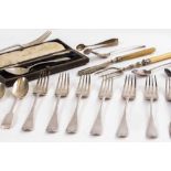 A SELECTION OF SILVER CUTLERY to include forks, teaspoons, butter knife, toasting fork, cased spoon,