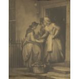 A REGENCY SILKWORK PICTURE depicting an old man praying, a young woman and dog behind, 30cm x 38cm