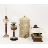 A LATE 19TH / EARLY 20TH CENTURY POTTERY ATKINS WATER FILTER, two oil lamps and a set of vintage