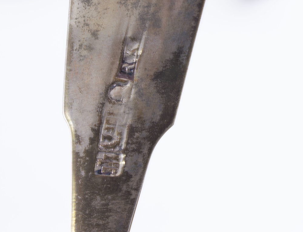 A SCOTTISH PROVINCIAL SILVER LADLE bearing marks for Perth Keay Robert II, a Scottish silver fish - Image 4 of 5