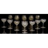 A SET OF EIGHT LATE 19TH CENTURY CUT GLASS WINE GLASSES each 13cm high together with a set of 1960's