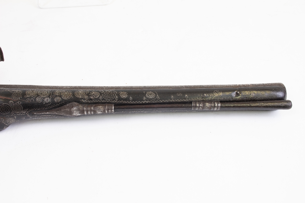 AN ANTIQUE FLINTLOCK PISTOL possibly either Turkish or Southern European with silver wire inlay 48cm - Image 2 of 4