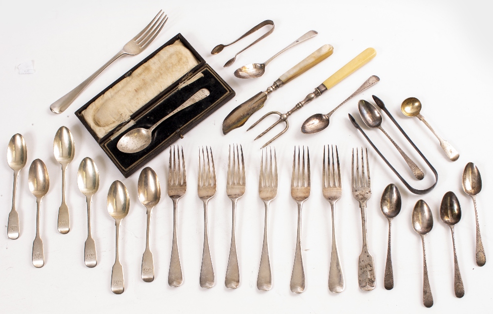 A SELECTION OF SILVER CUTLERY to include forks, teaspoons, butter knife, toasting fork, cased spoon, - Image 2 of 3