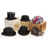 A BLACK SILK TOP HAT by Lock & Co Hatters, St James Street, London together with three bowler