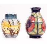 A CONTEMPORARY MOORCROFT POTTERY SUNSET REED GINGER JAR and one other Moorcroft pottery squat