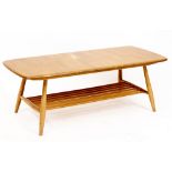 AN ERCOL STYLE LIGHT ELM COFFEE TABLE with spindle supports, 105cm wide x 45cm deep x 36cm high