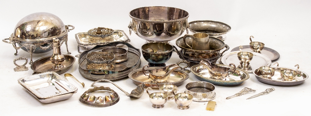 A COLLECTION OF EPNS and silver plated ware to include a pierced galleried tray, punchbowl on