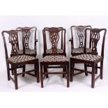 A SET OF SIX LATE 19TH / EARLY 20TH CENTURY MAHOGANY FRAMED DINING CHAIRS with pierced vase shaped