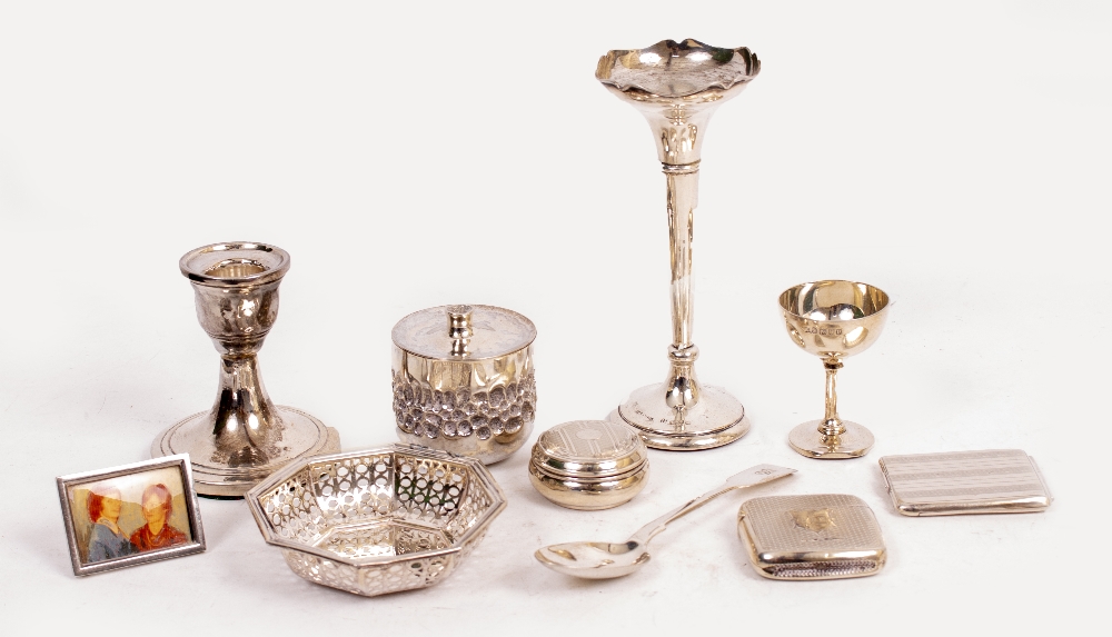 A COLLECTION OF SILVER to include a Victorian cigarette case, match case, spoon and other items such