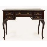 A LATE 19TH CENTURY MAHOGANY WRITING TABLE with dark blue leather inset top, five drawers and