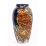 A LARGE CONTEMPORARY MOORCROFT POTTERY BALUSTER VASE decorated with a perched owl in a night