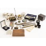 A GROUP OF MISCELLANEOUS ITEMS to include a part bone chess set, a Military compass, two wrist