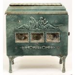 A FRENCH ART DECO BLUE ENAMELLED STOVE by Mirus, 47cm in length x 51cm high