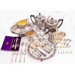 A SELECTION OF SILVER PLATE AND EPNS WARE to include a serpentine edged salver standing on ball