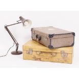 A RETRO BROWN PAINTED ANGLEPOISE TABLE LAMP together with a pig skin suitcase 66cm wide and a