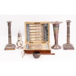 A SELECTION OF SILVER AND SILVER PLATED WARE to include a pair of silver plated Walker & Hall