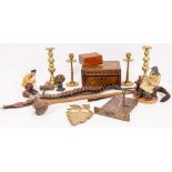 A VICTORIAN WALNUT JEWELLERY BOX together with two pairs of candlesticks, a leather cartridge