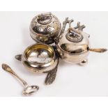 A 20TH CENTURY SILVER PLATED CURLING THEMED CONDIMENT SET consisting of a pepperette, a condiment