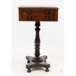 A VICTORIAN MAHOGANY WORKTABLE with two drawers and turned column support, 42cm wide x 37cm deep x