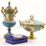 A 20TH CENTURY FRENCH PORCELAIN VASE WITH COVER with gilt metal mounts and twin scrolling handles,