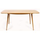 AN ERCOL LIGHT ELM DINING TABLE with square tapering supports, the top 155cm wide x 77cm deep x 71cm