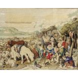 A 19TH CENTURY WOOLWORK PICTURE depicting a farm scene, 75cm x 97cm, framed and glazed