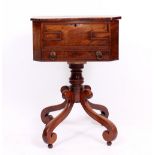 AN EARLY 19TH CENTURY NEEDLEWORK TABLE with fitted frieze drawer and hinged lidded compartment,